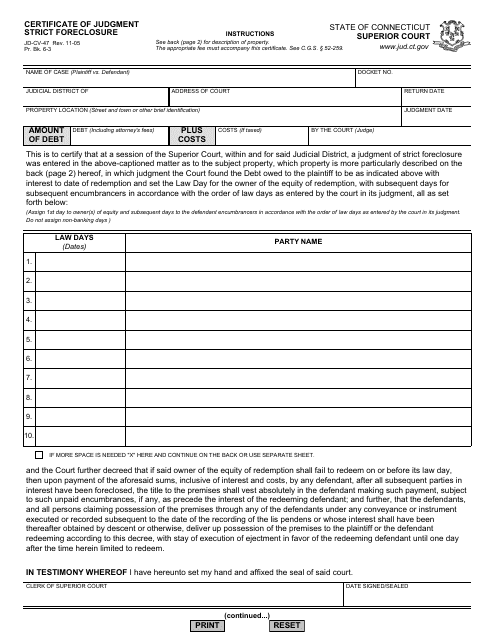 Form JD-CV-47 Certificate of Judgment, Strict Foreclosure - Connecticut