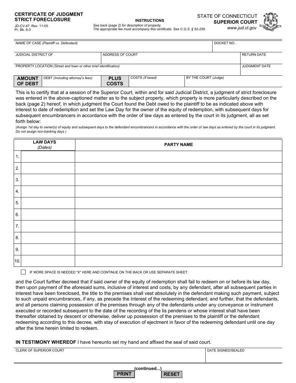 Form JD-CV-47 Certificate of Judgment, Strict Foreclosure - Connecticut, Page 1