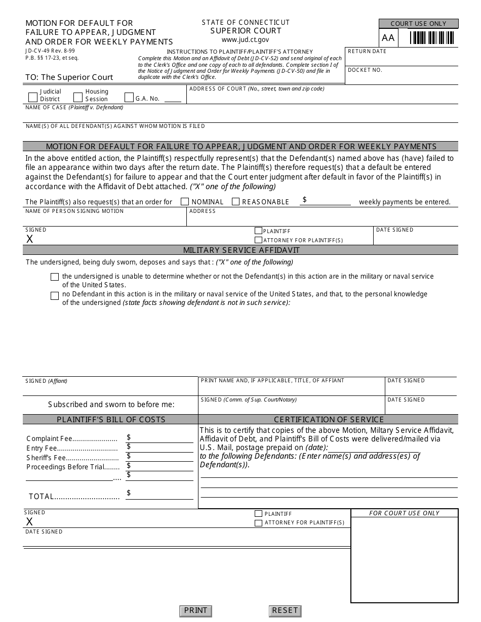 Form JD-CV-49 Motion for Default for Failure to Appear, Judgment and Order for Weekly Payments - Connecticut, Page 1