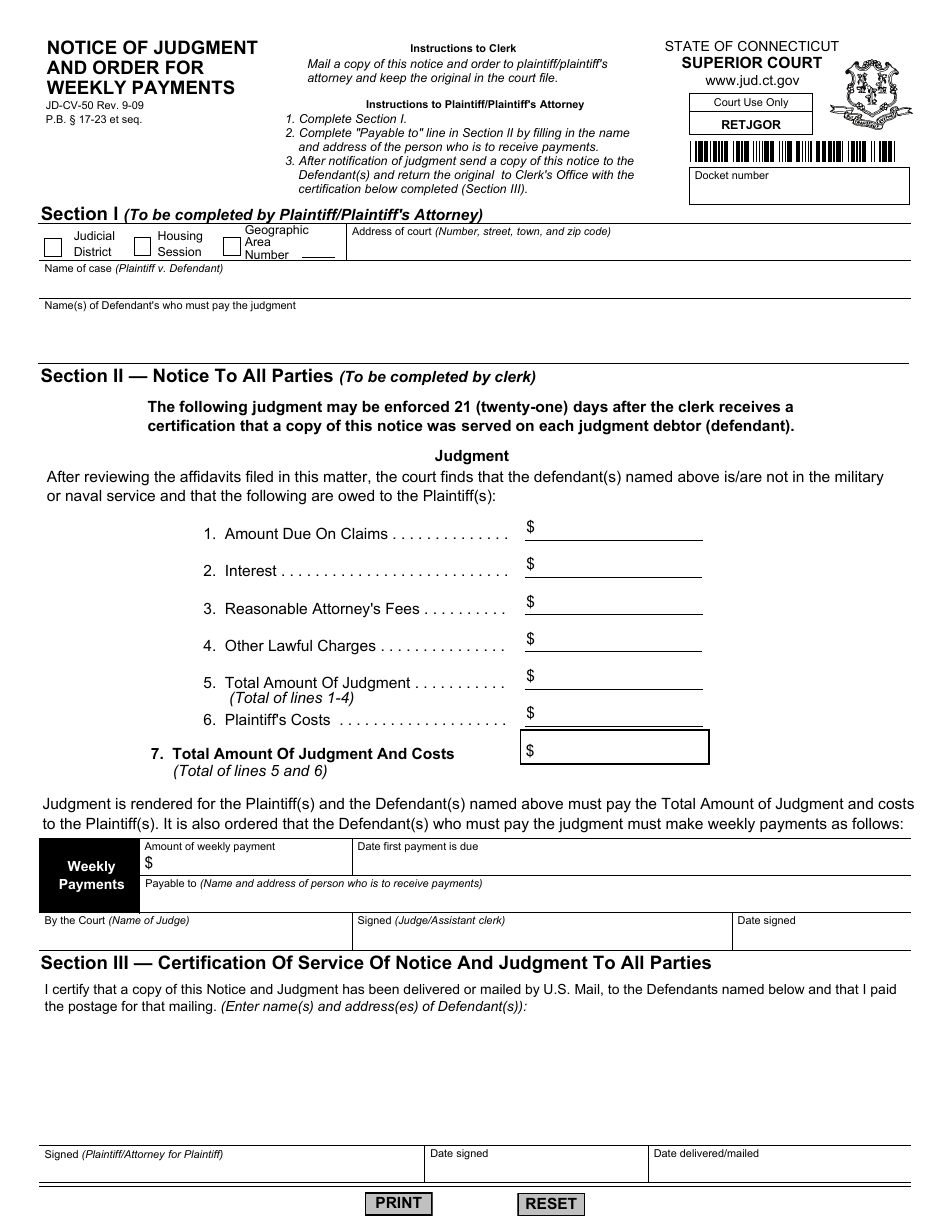 Form JD-CV-50 Notice of Judgment and Order for Weekly Payments - Connecticut, Page 1