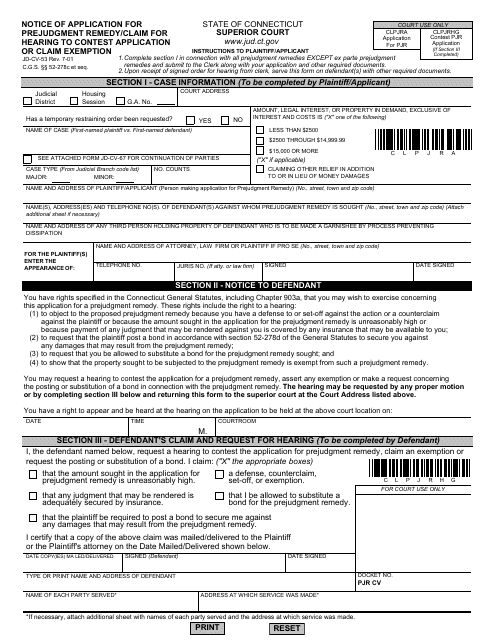 Form JD-CV-53 Notice of Application for Prejudgment Remedy/Claim for Hearing to Contest Application or Claim Exemption - Connecticut