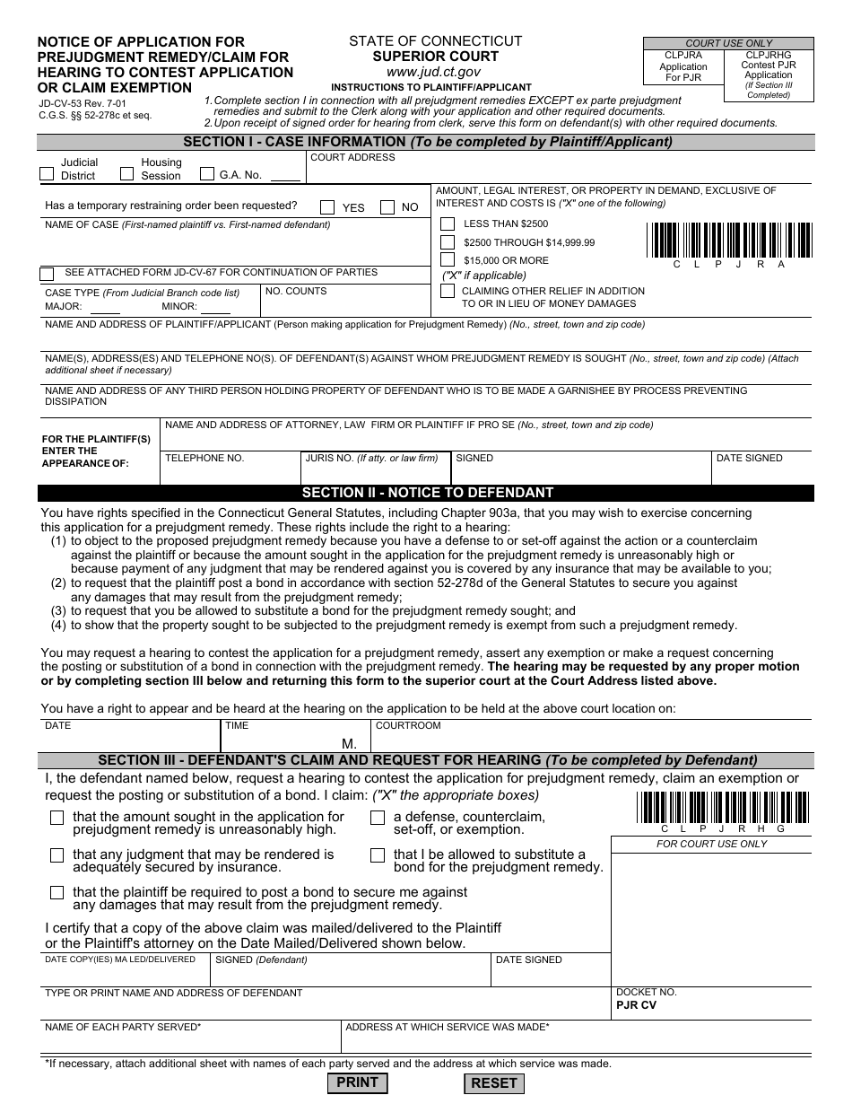 Form JD-CV-53 Notice of Application for Prejudgment Remedy / Claim for Hearing to Contest Application or Claim Exemption - Connecticut, Page 1