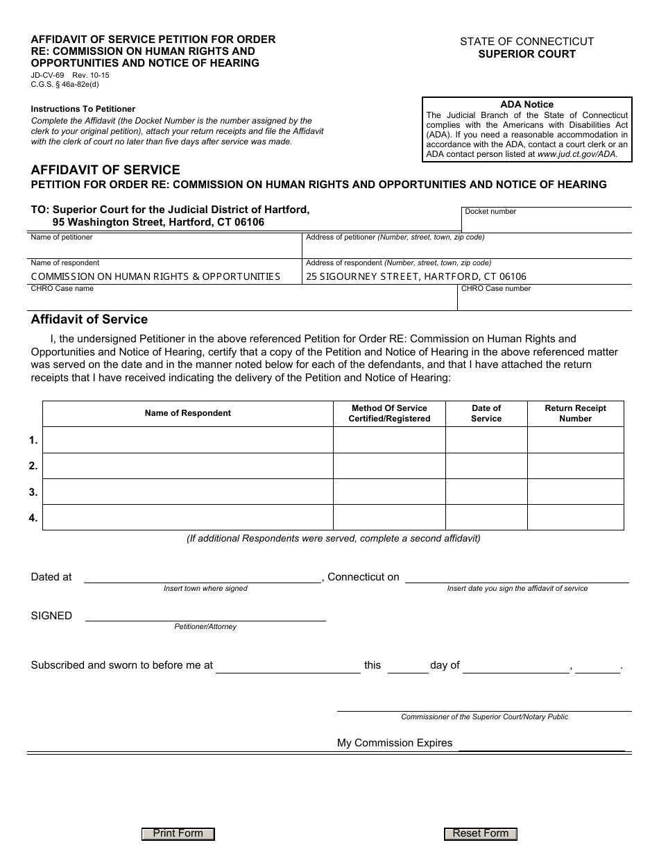 Form JD-CV-69 Affidavit of Service - Petition for Order Re: Commission on Human Rights and Opportunities and Notice of Hearing - Connecticut, Page 1