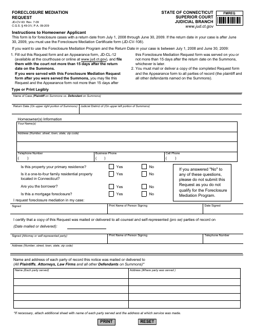 Form JD-CV-93 Foreclosure Mediation Request - Connecticut