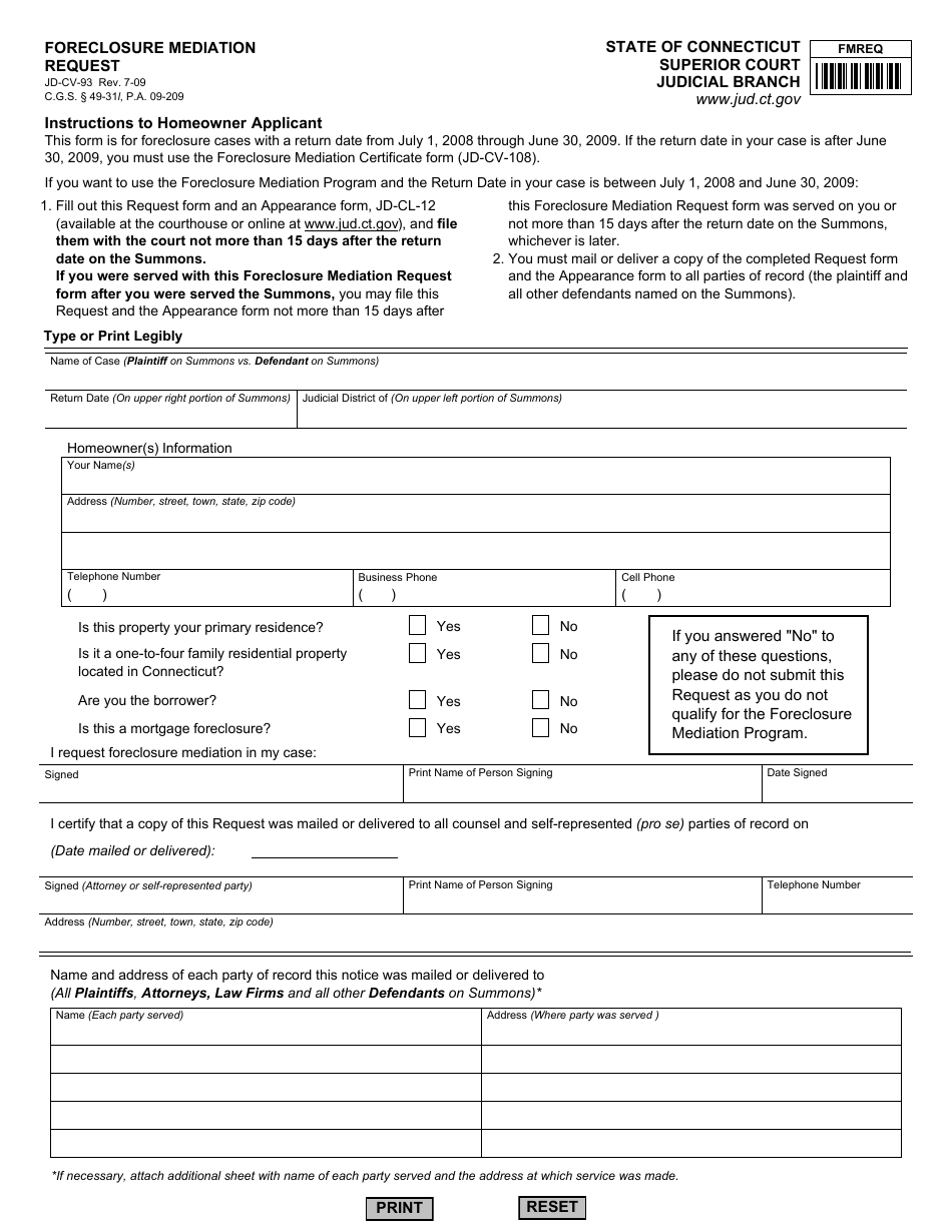 Form JD-CV-93 Foreclosure Mediation Request - Connecticut, Page 1