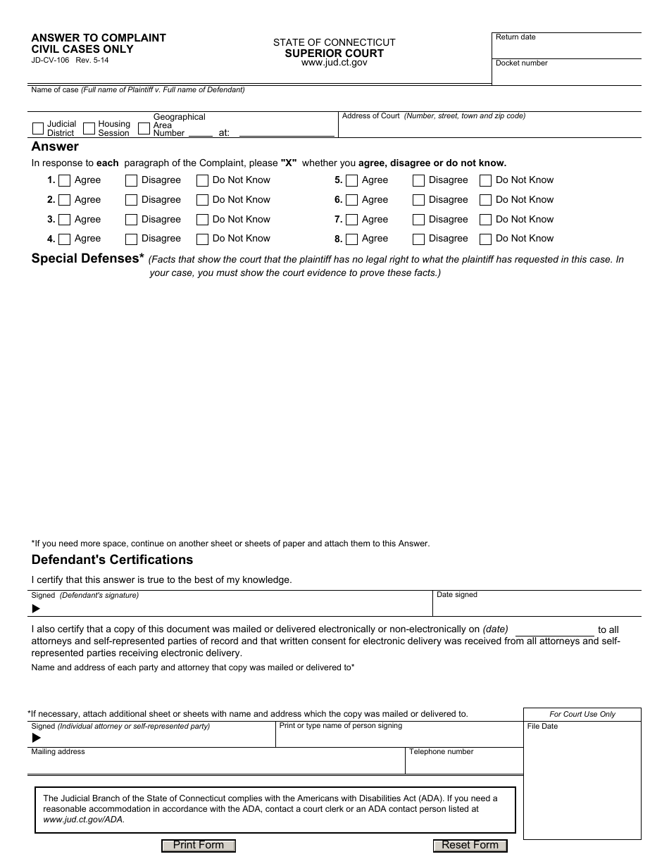 Form JD-CV-106 Answer to Complaint - Civil Cases Only - Connecticut, Page 1