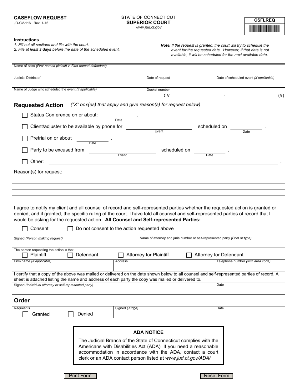 Form JD-CV-116 Caseflow Request - Connecticut, Page 1