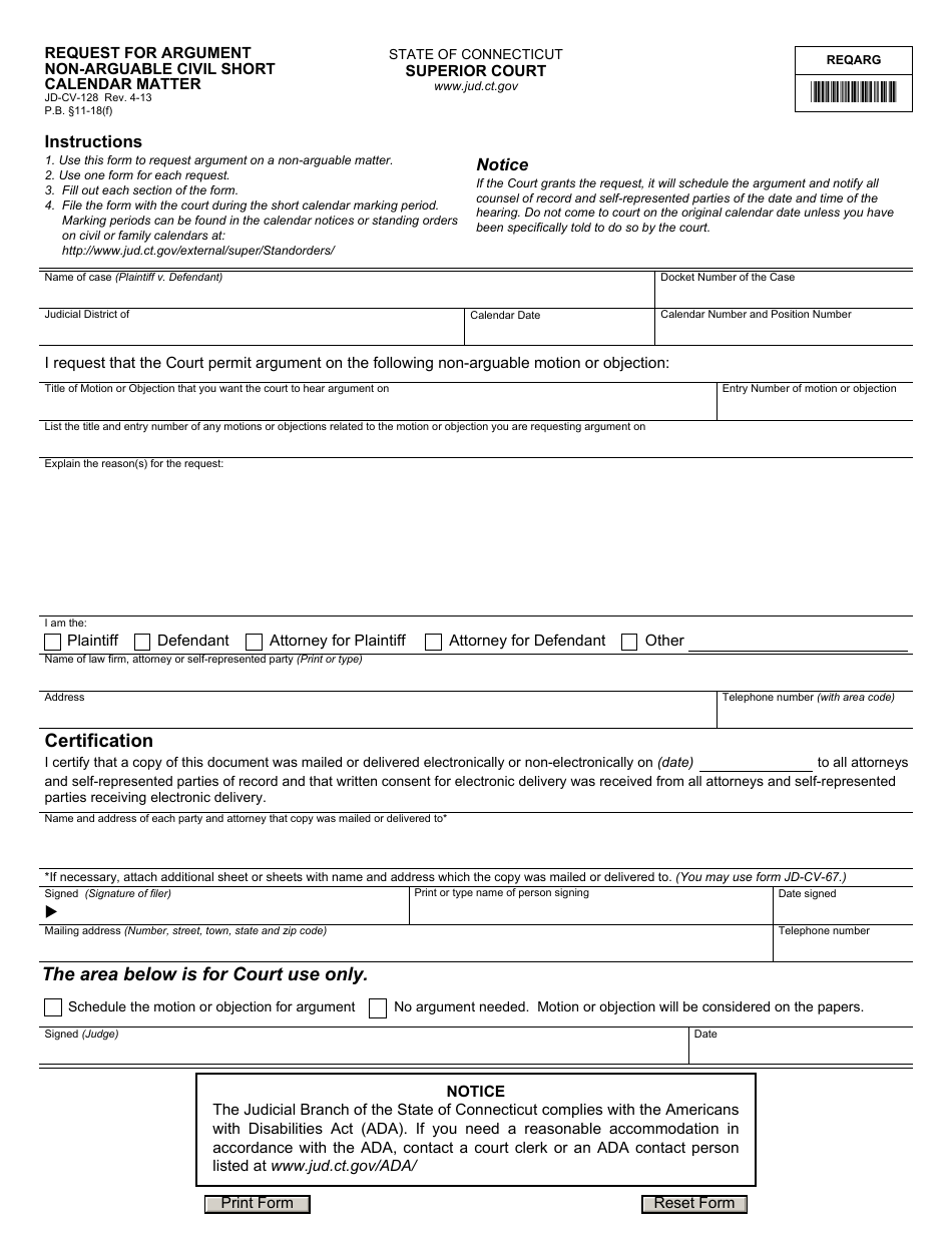 Form JD-CV-128 Request for Argument Non-arguable Civil Short Calendar Matter - Connecticut, Page 1