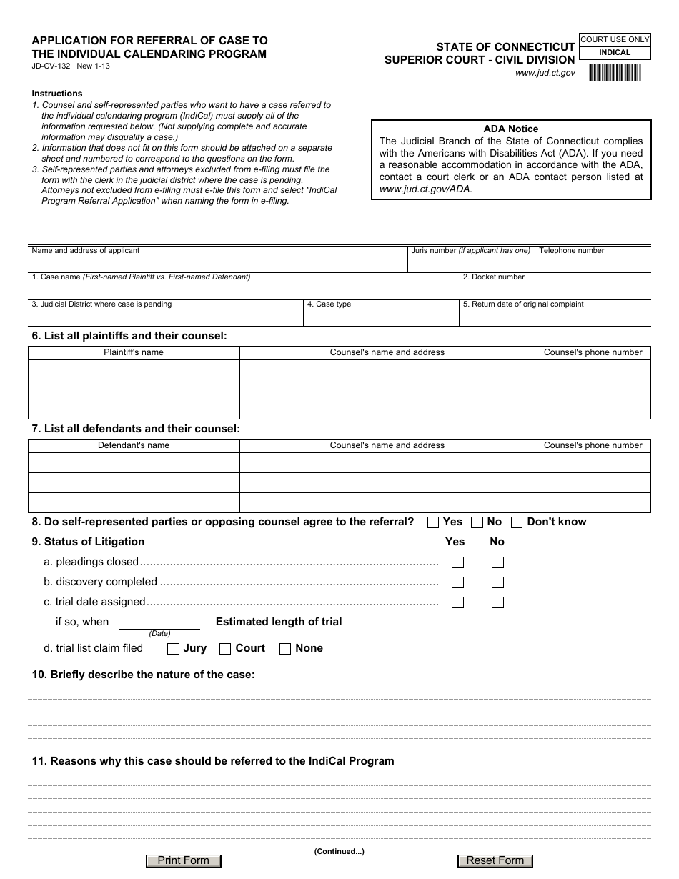 Form JD-CV-132 Application for Referral of Case to the Individual Calendaring Program - Connecticut, Page 1