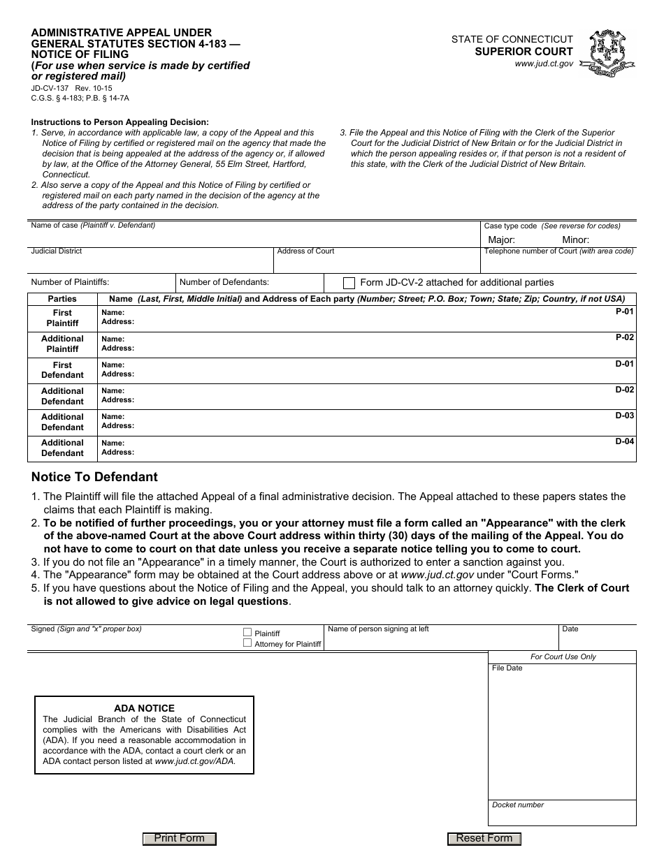 Form JD-CV-137 Administrative Appeal Under General Statutes Section 4-183  Notice of Filing - Connecticut, Page 1