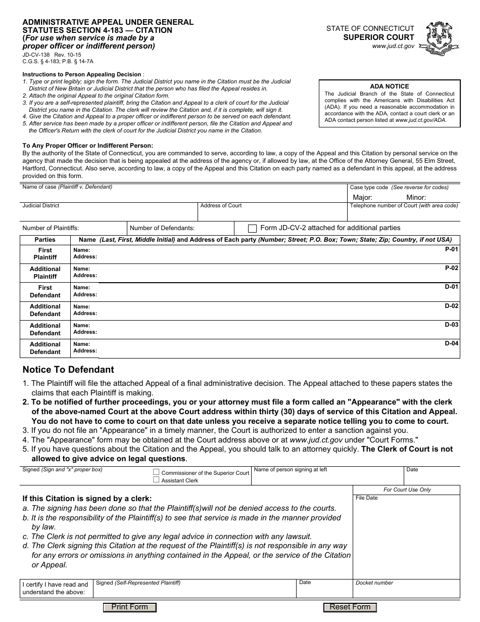 Form JD-CV-138 Administrative Appeal Under General Statutes Section 4-183  Citation - Connecticut, Page 1