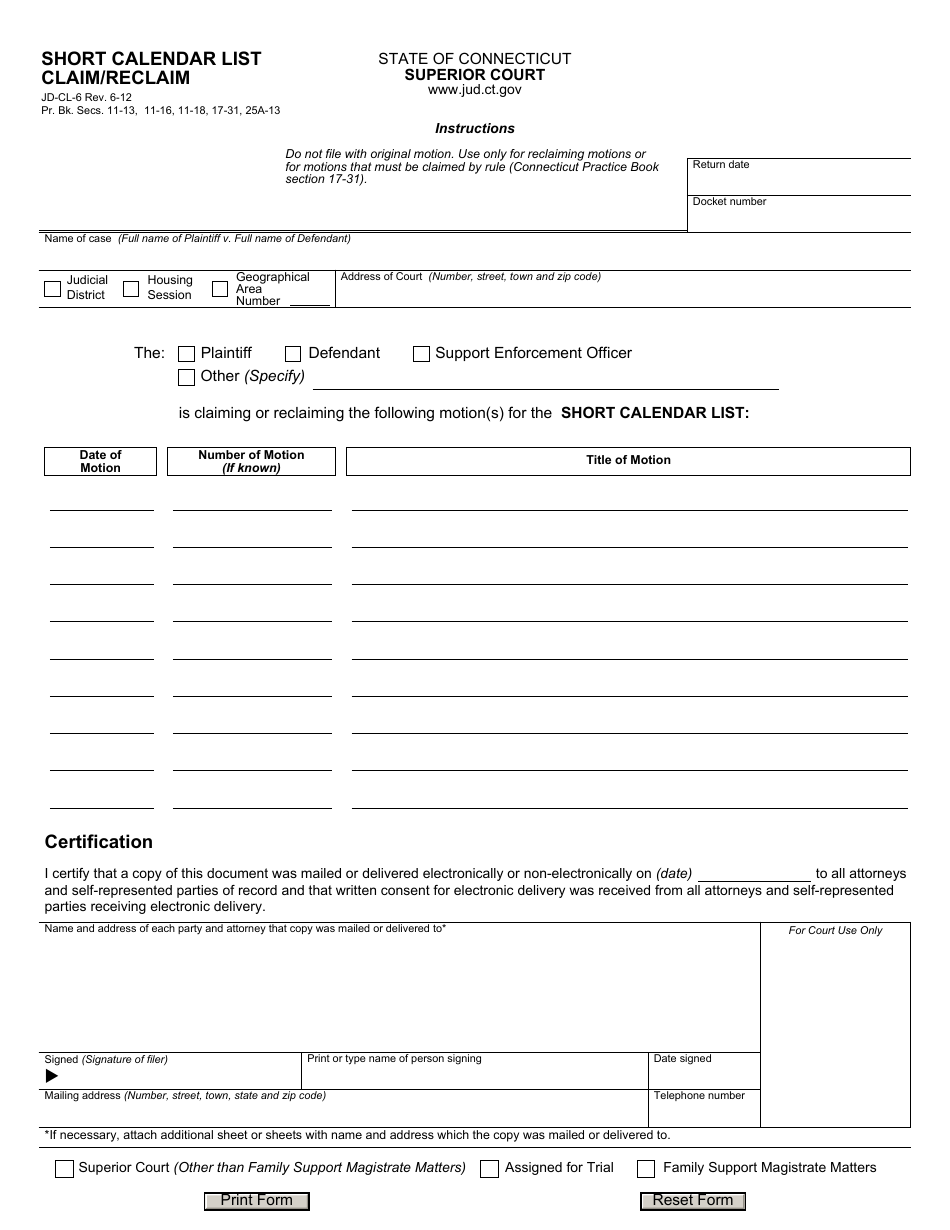 Form JD-CL-6 Short Calendar List - Claim / Reclaim - Connecticut, Page 1