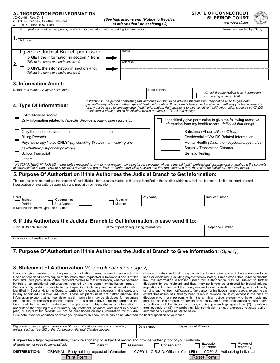 Form JD-CL-46 Authorization for Information - Connecticut, Page 1