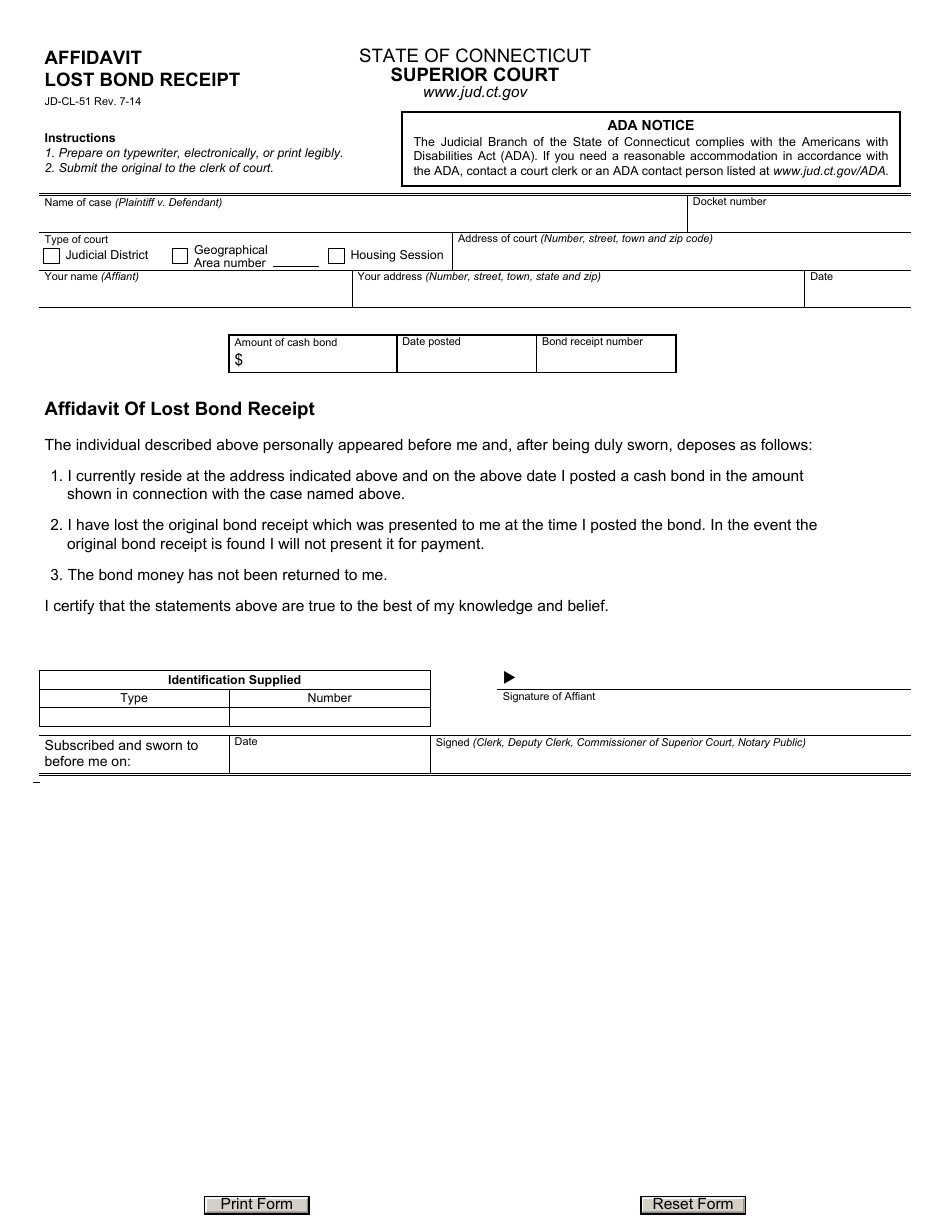 Form JD-CL-51 Affidavit - Lost Bond Receipt - Connecticut, Page 1