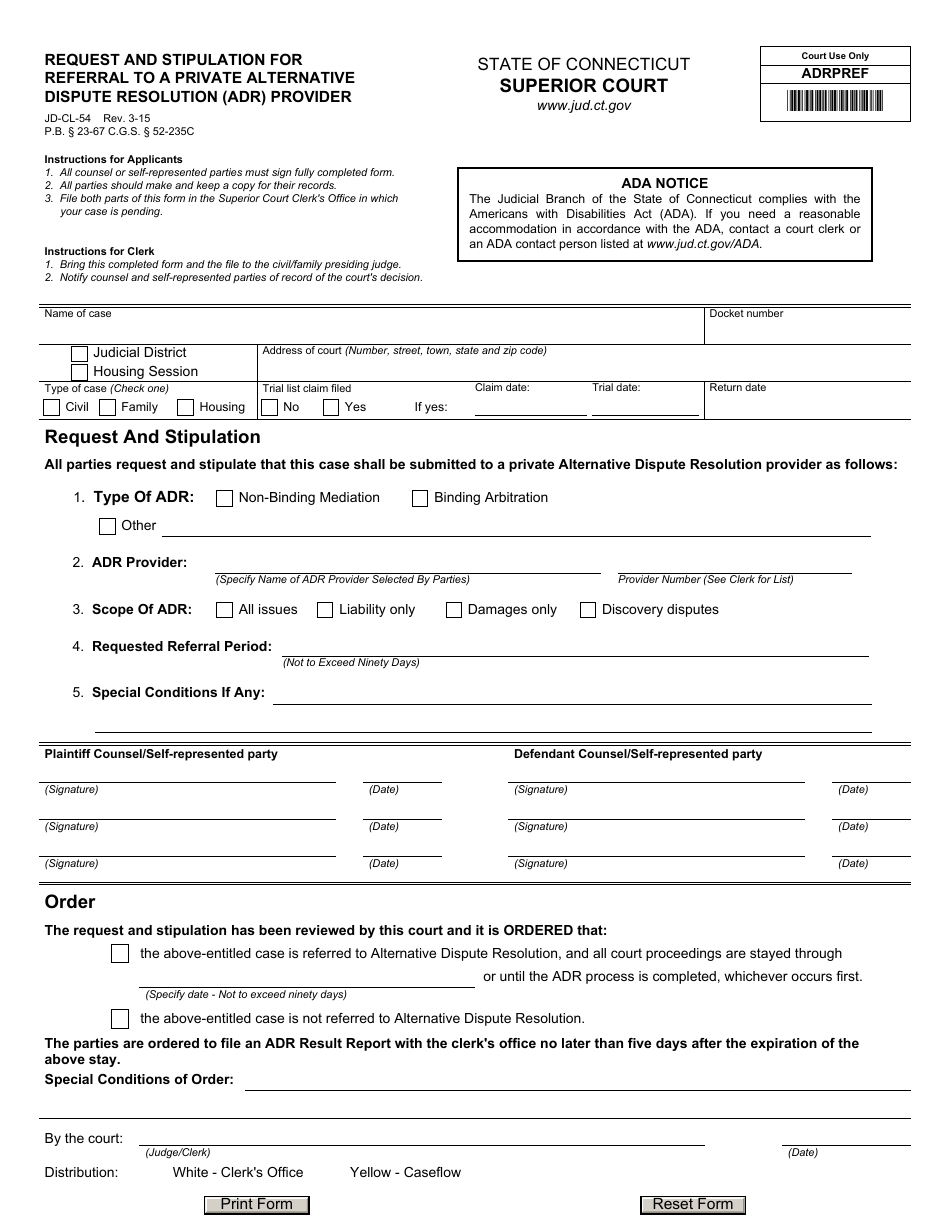 Form JD-CL-54 Request and Stipulation for Referral to a Private Alternative Dispute Resolution (Adr) Provider - Connecticut, Page 1