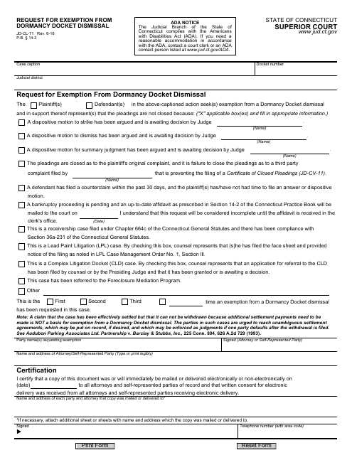 Form JD-CL-71 Request for Exemption From Dormancy Docket Dismissal - Connecticut