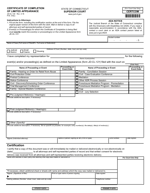 Form JD-CL-122 Certificate of Completion of Limited Appearance - Connecticut