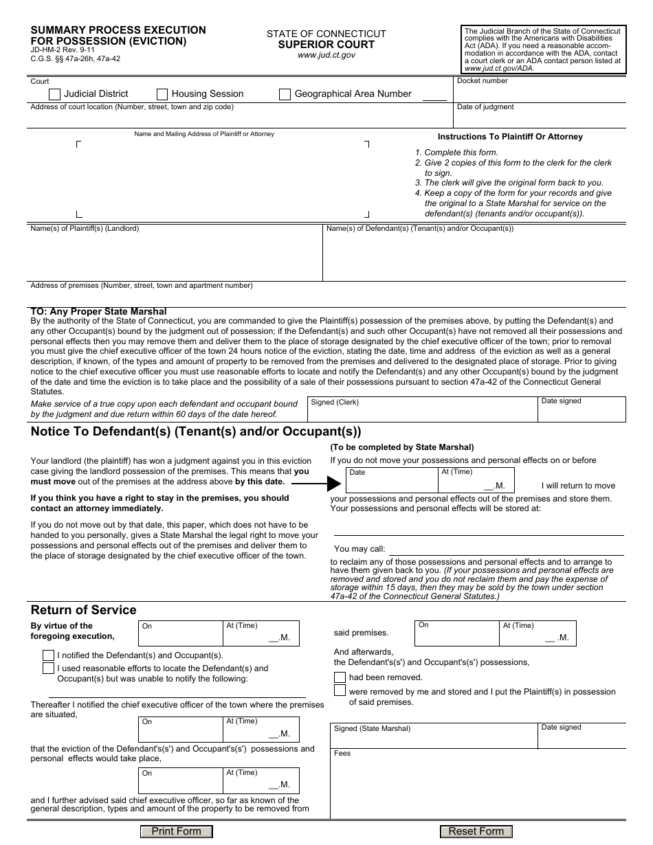 Form JD-HM-2 Summary Process Execution for Possession (Eviction) - Connecticut, Page 1