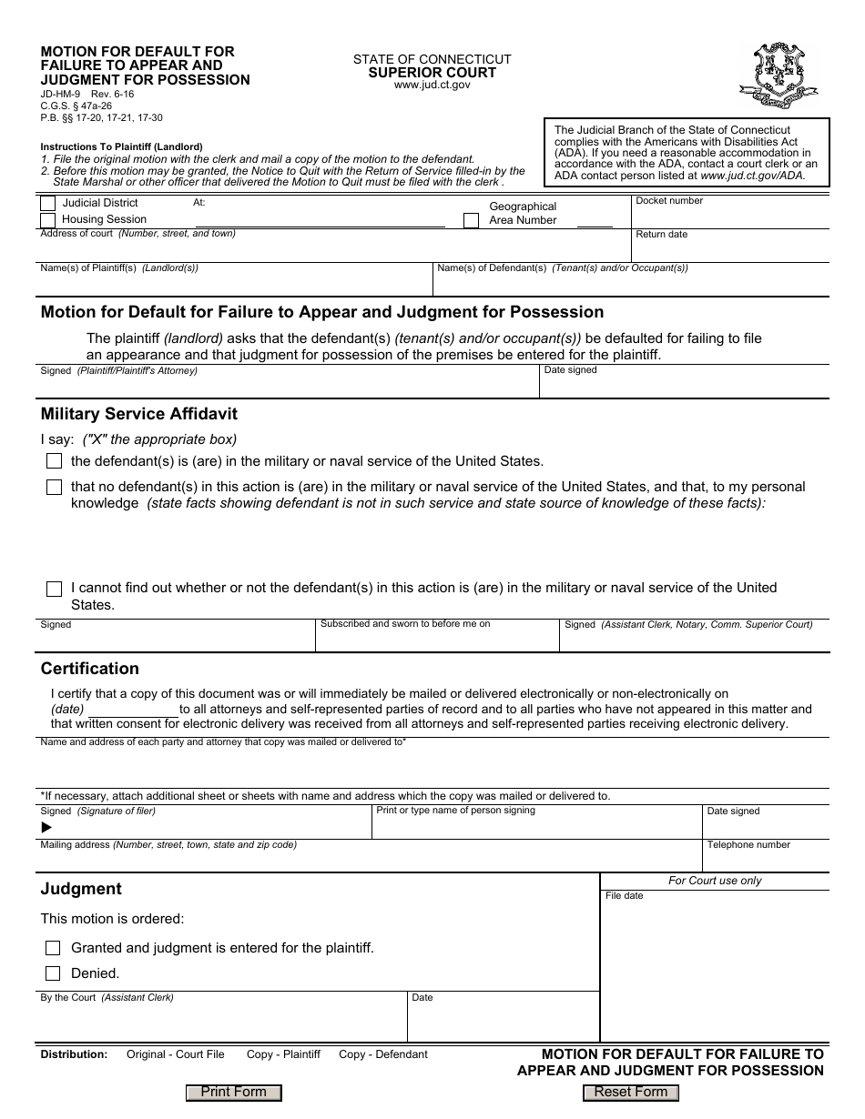 Form JD-HM-9 Motion for Default for Failure to Appear and Judgment for Possession - Connecticut, Page 1