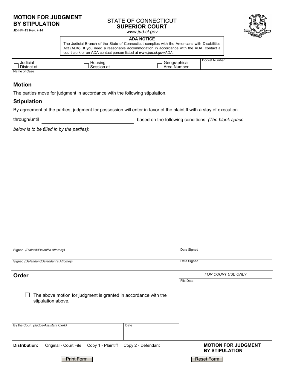 Form JD-HM-13 Motion for Judgment by Stipulation - Connecticut, Page 1