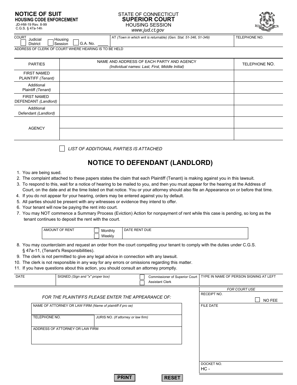 Form JD-HM-19 Notice of Suit Housing Code Enforcement - Connecticut, Page 1