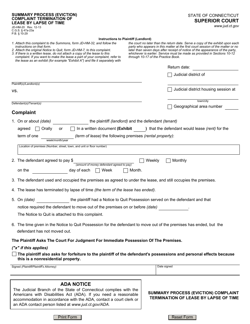 Form JD-HM-20 Summary Process (Eviction) Complaint, Termination of Lease by Lapse of Time - Connecticut, Page 1