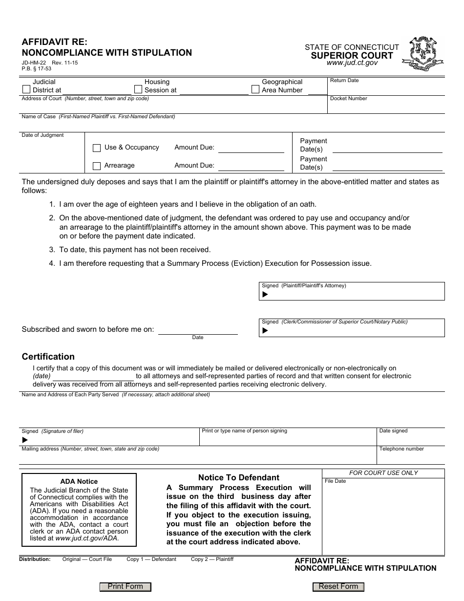 Form JD-HM-22 Affidavit Re: Noncompliance With Stipulation - Connecticut, Page 1