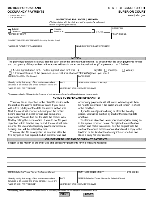 Form JD-HM-27 Motion for Use and Occupancy Payments - Connecticut