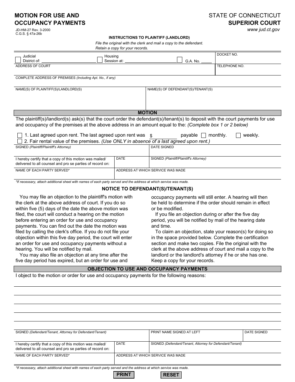 Form JD-HM-27 Motion for Use and Occupancy Payments - Connecticut, Page 1