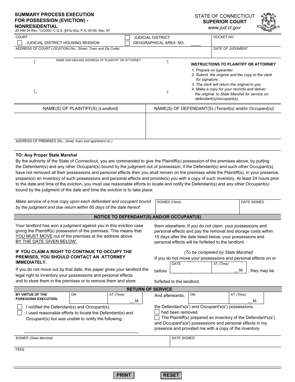 Form JD-HM-34 Summary Process Execution for Possession (Eviction) - Nonresidential - Connecticut, Page 1