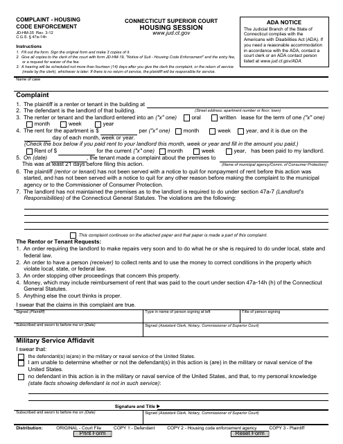 Form JD-HM-35 Complaint - Housing Code Enforcement - Connecticut