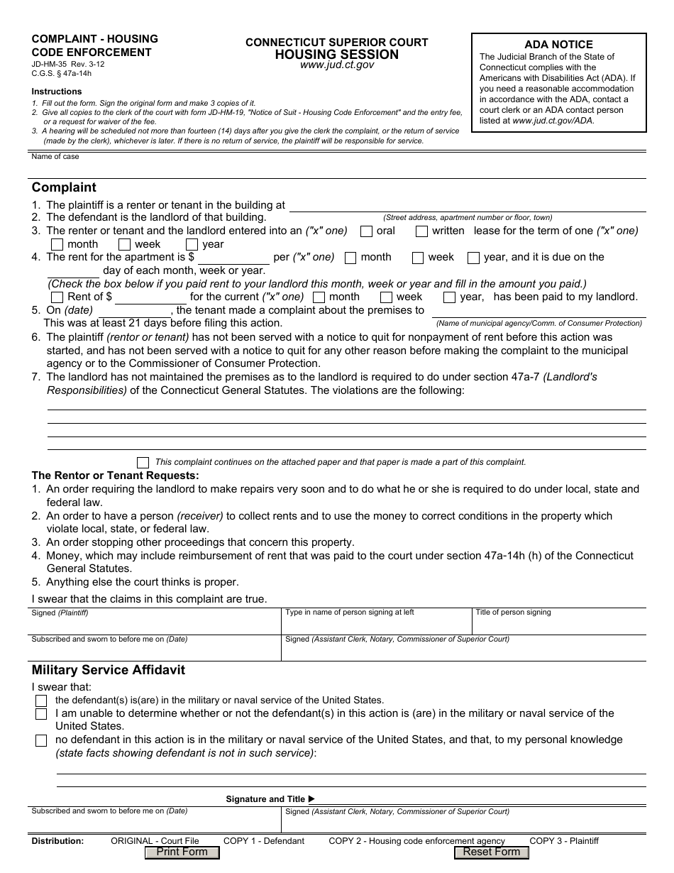 Form JD-HM-35 Complaint - Housing Code Enforcement - Connecticut, Page 1