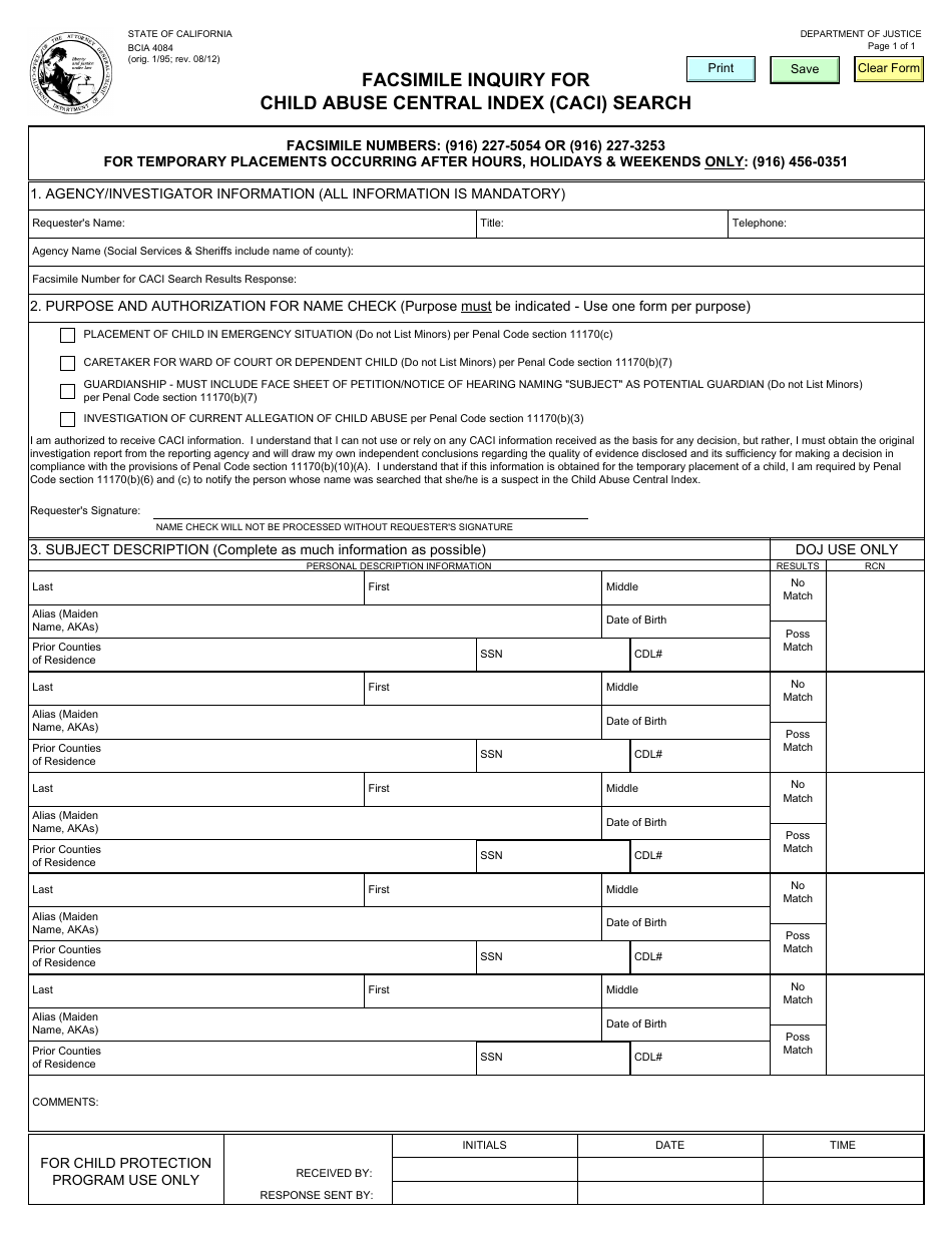 Form BCIA4084 Facsimile Inquiry for Child Abuse Central Index (Caci) Search - California, Page 1