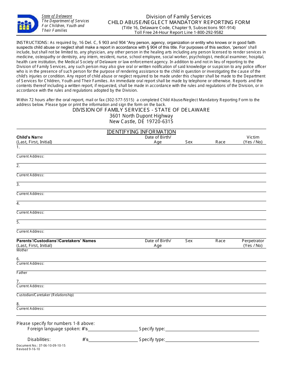 Child Abuse / Neglect Mandatory Reporting Form - Delaware, Page 1