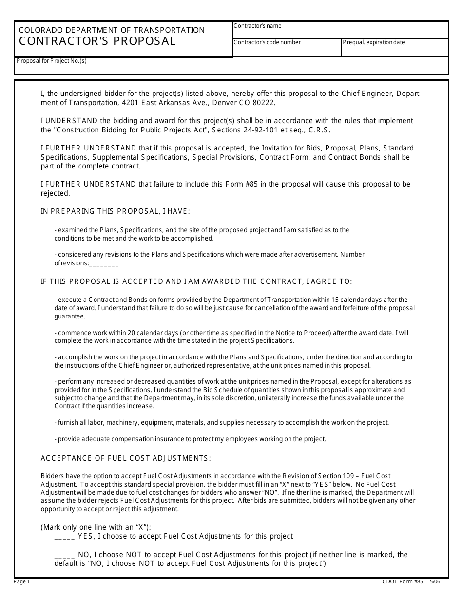 CDOT Form 85 Contractors Proposal - Colorado, Page 1