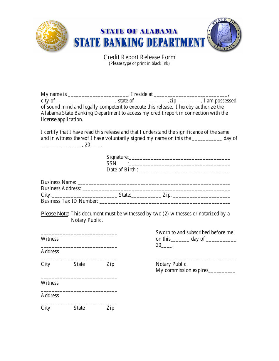 Credit Report Release Form - Alabama, Page 1