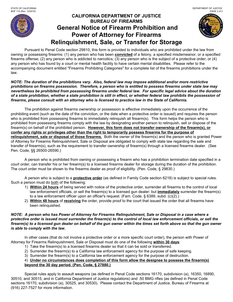 Form BOF110 General Notice of Firearm Prohibition and Power of Attorney for Firearms Relinquishment, Sale, or Transfer for Storage - California, Page 2