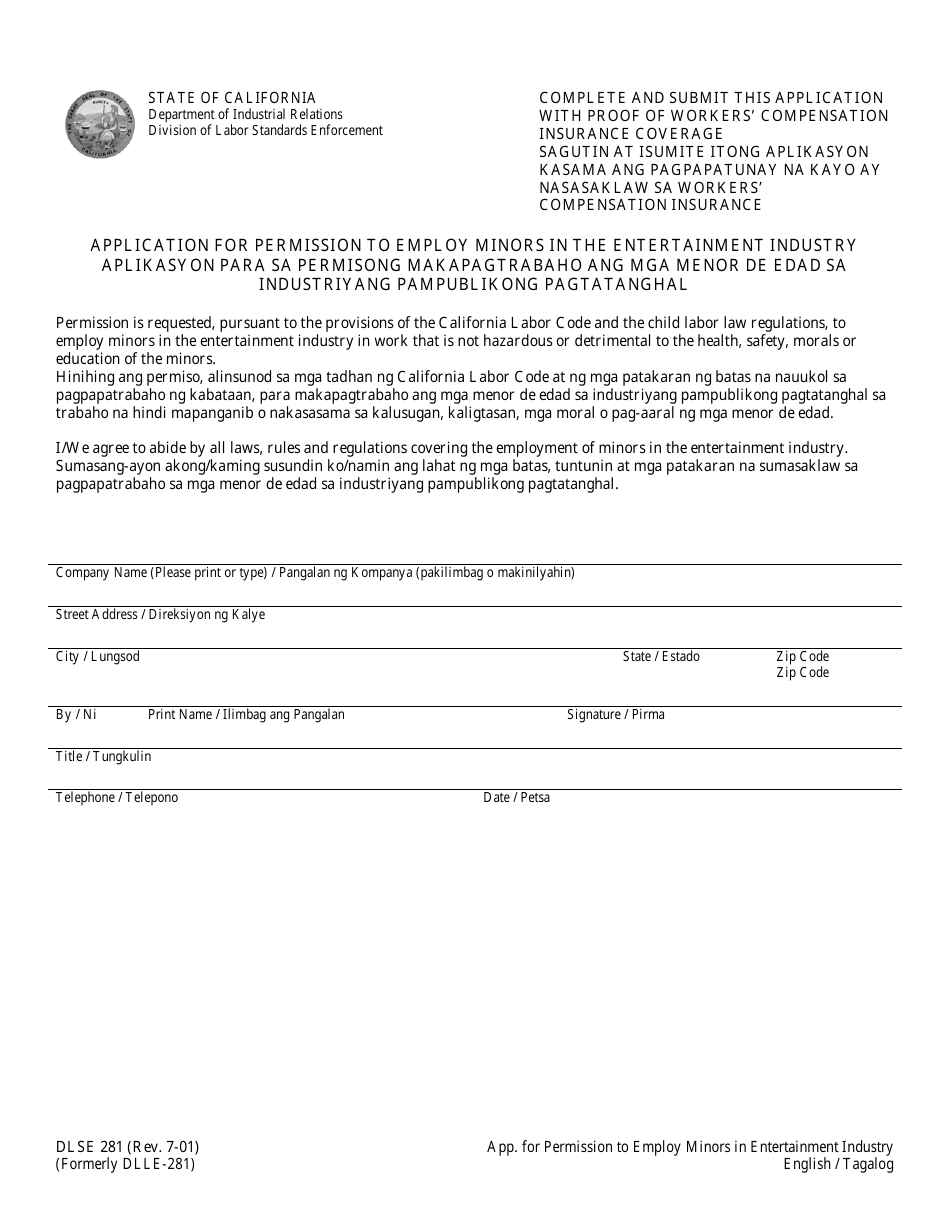 DLSE Form 281 Application for Permission to Employ Minors in the Entertainment Industry - California (English / Tagalog), Page 1