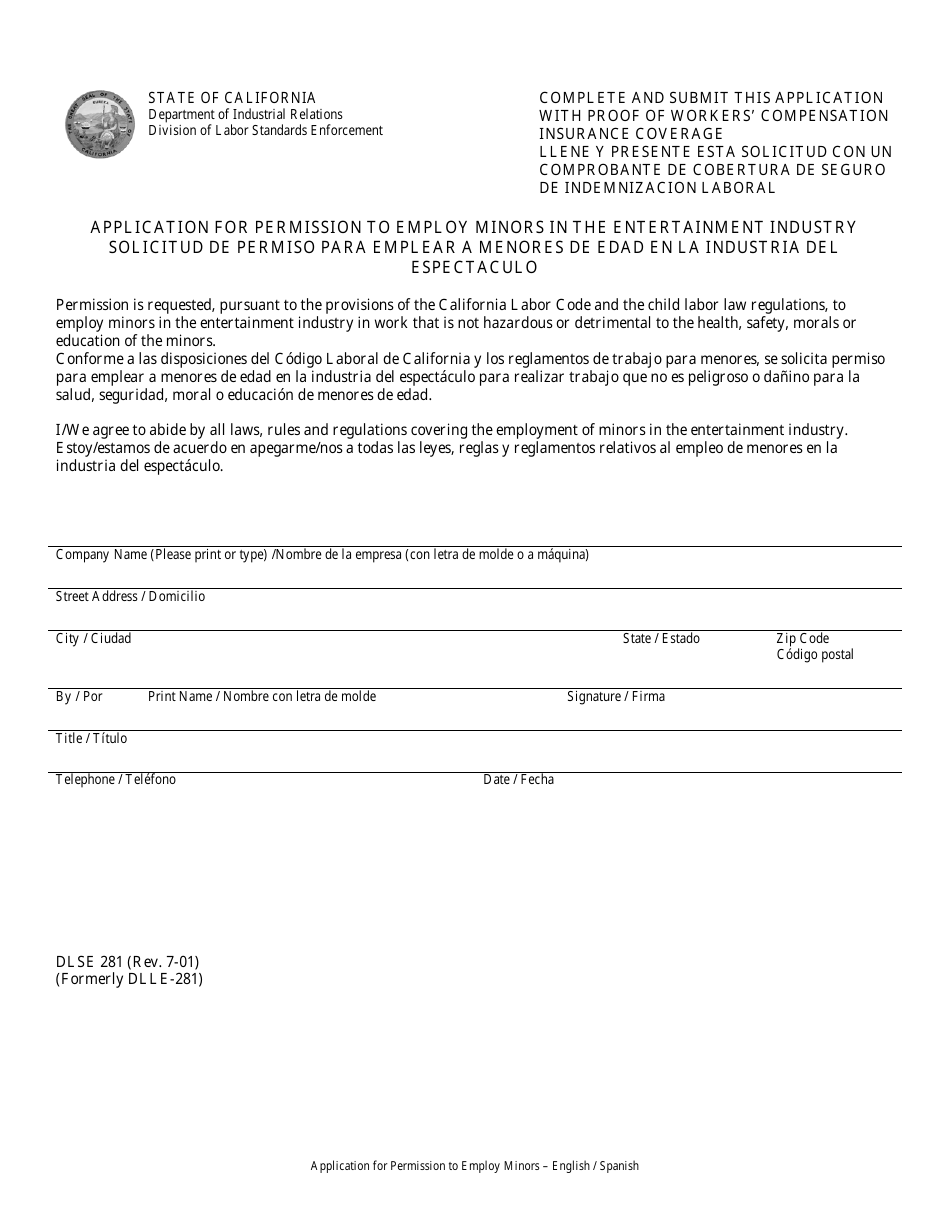 DLSE Form 281 Application for Permission to Employ Minors in the Entertainment Industry - California (English / Spanish), Page 1