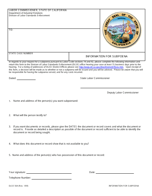 DLSE Form 564 Information for Subpoena - California