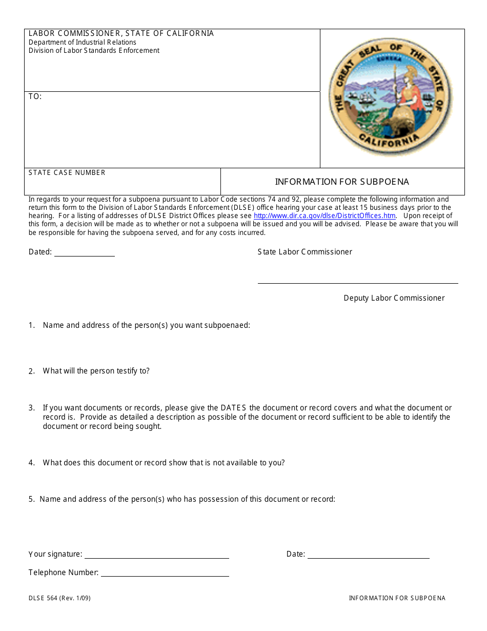 DLSE Form 564 Information for Subpoena - California, Page 1