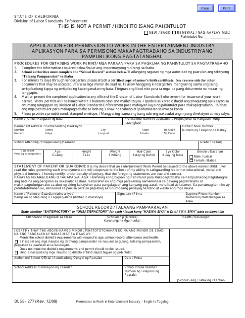 DLSE Form 277 Application for Permission to Work in the Entertainment Industry - California (English/Tagalog)