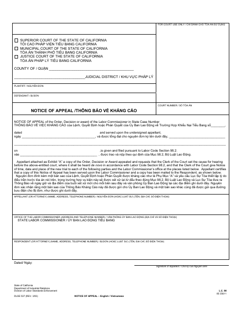 DLSE Form 537 Notice of Appeal - California (Vietnamese)