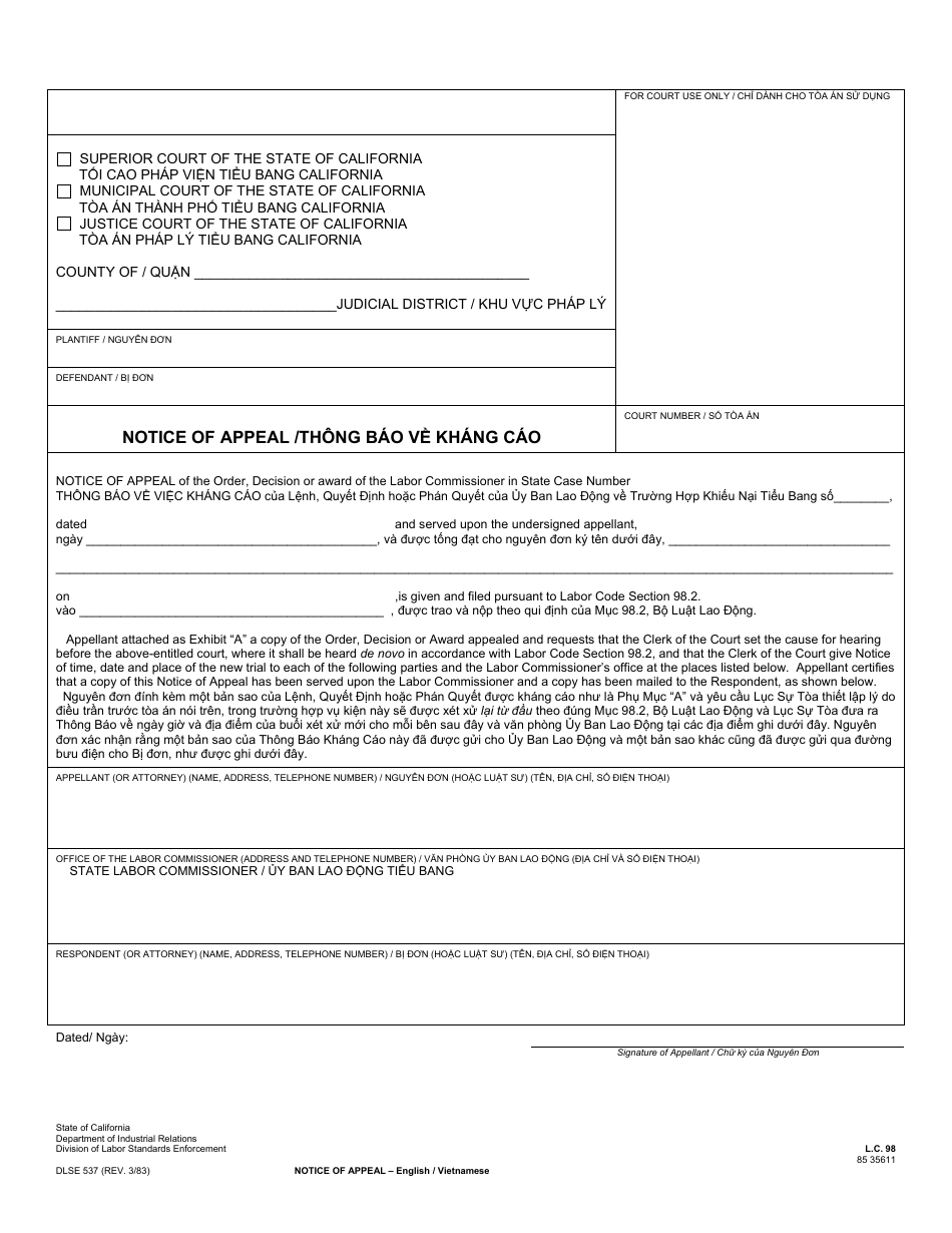 DLSE Form 537 Notice of Appeal - California (Vietnamese), Page 1