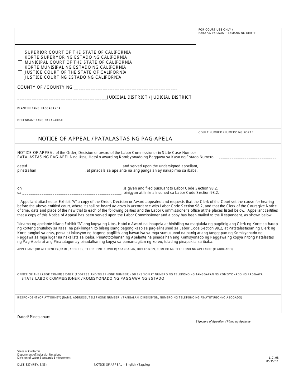 DLSE Form 537 Notice of Appeal - California (English/Tagalog), Page 1