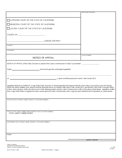 DLSE Form 537 Notice of Appeal - California