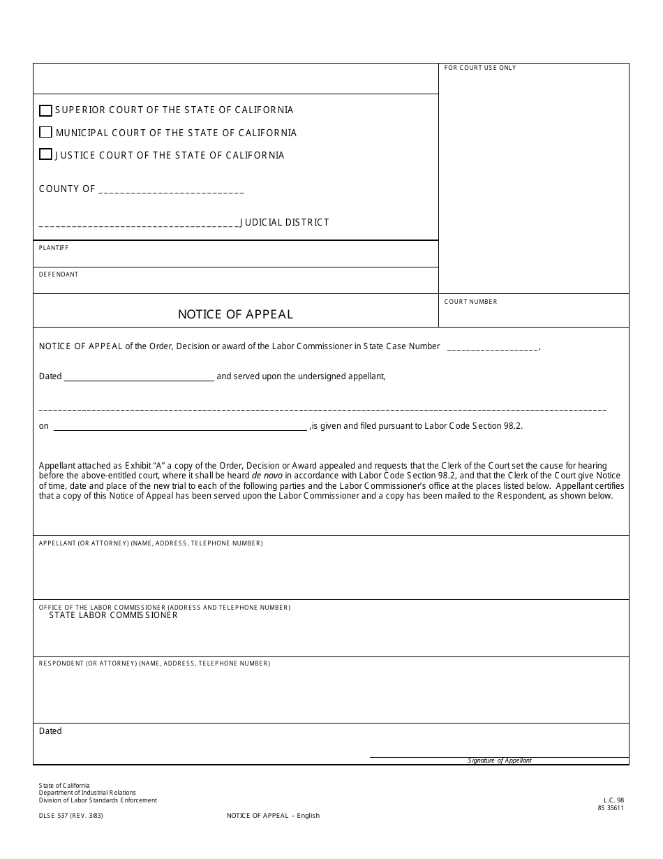 DLSE Form 537 - Fill Out, Sign Online and Download Fillable PDF ...