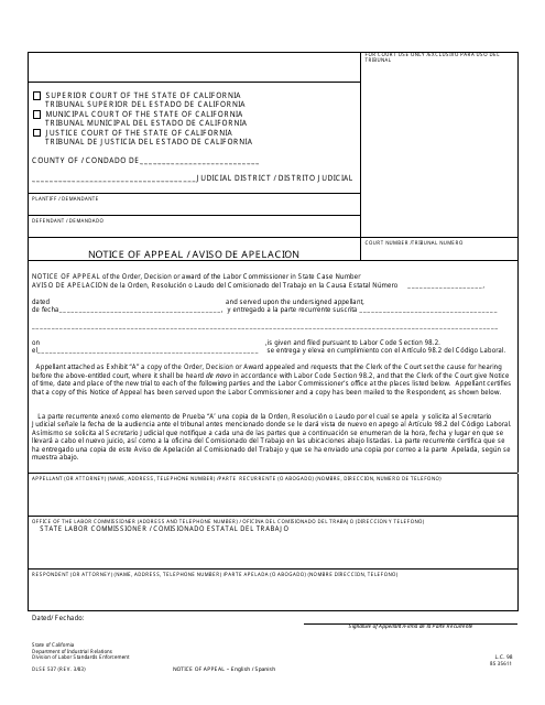 DLSE Form 537 Notice of Appeal - California (English/Spanish)