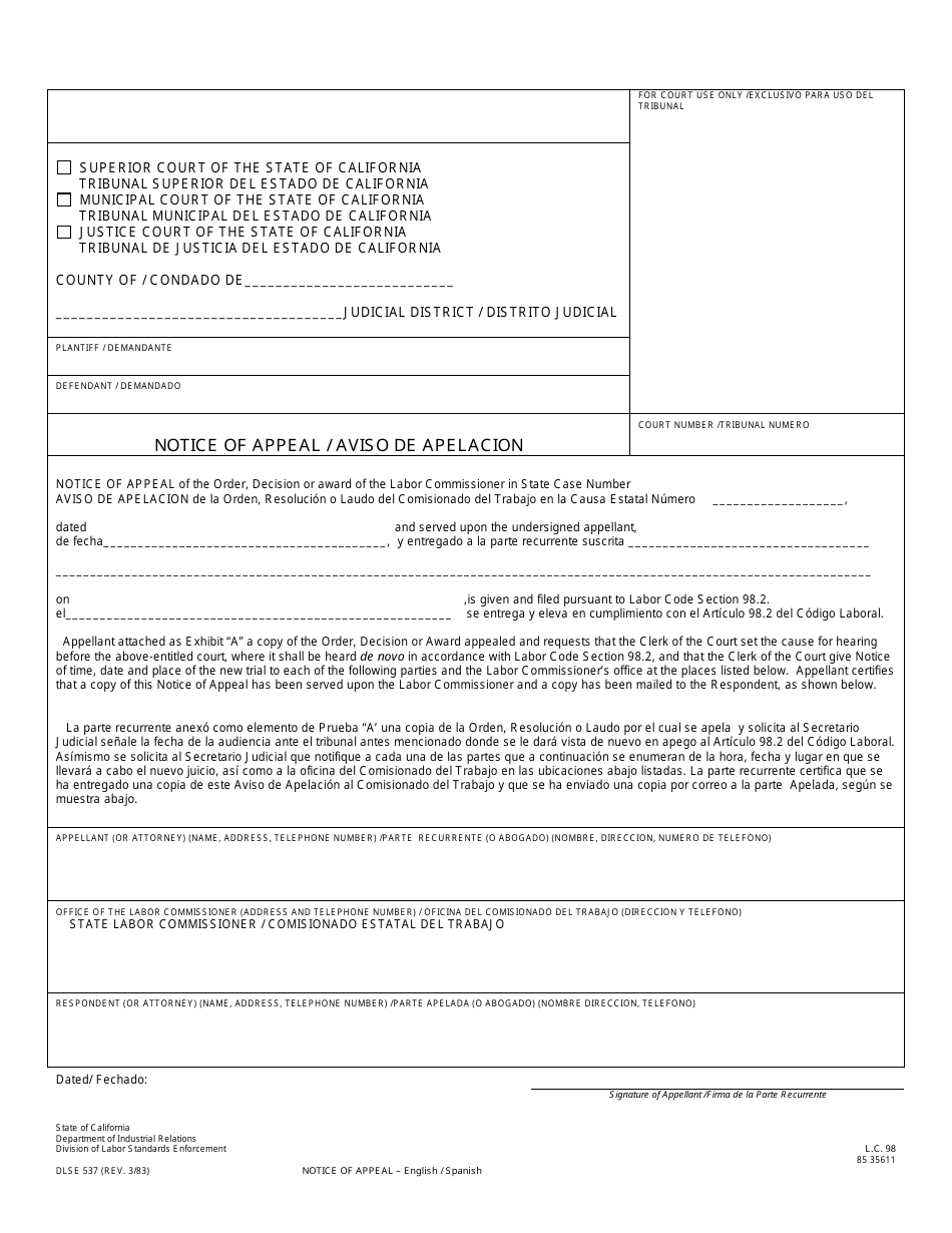 DLSE Form 537 Notice of Appeal - California (English/Spanish), Page 1