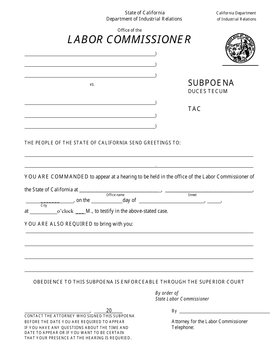 California Subpoena Duces Tecum Fill Out Sign Online and Download California Subpoena Duces Tecum Fill Out Sign Online and Download